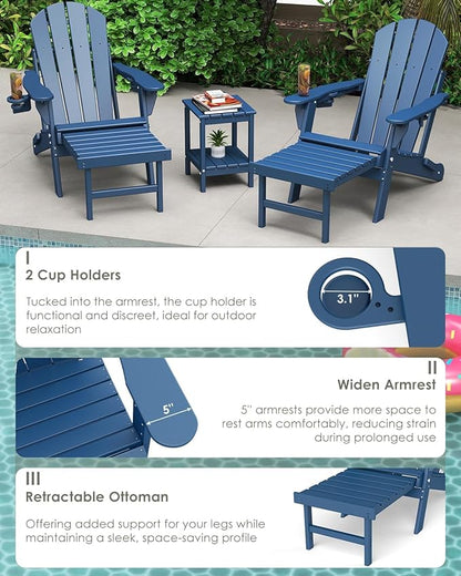 GREENVINES Adjustable Adirondack Chair with Retractable Ottoman Set of 4 | Folding | HDPE Plastic | Fire Pit Chairs w/Foot Rest | 2 Cup Holders | Blue | for Outdoor Patio Poolside Deck