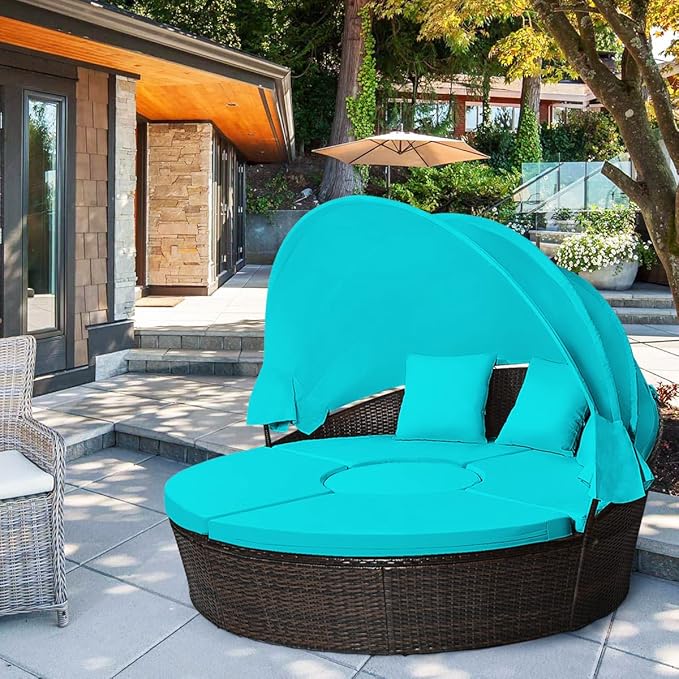 Tangkula Patio Round Daybed with Retractable Canopy, Outdoor Wicker Rattan Furniture Sets - Photo 2