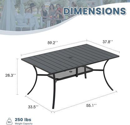 DIFY 59.2" Outdoor Patio Dining Table for 6, Metal Rectangular Steel Slat Patio Table with 1.57" Adjustable Umbrella Hole, Weather-Resistant for Garden Backyard Poolside Deck, Black