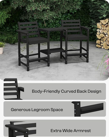 Tall HDPE Adirondack Bar Chairs Set of 2, Outdoor Balcony Bar-Height Chairs with Extra-Large Side Trays & 2" Umbrella Hole, All-Weather Patio Stools for Porch, Deck, Garden (Black, 2chair)