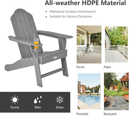 Tangkula Adirondack Chair Outdoor, Fade Resistant HDPE Armchairs with Cup Holder, Weather Resistant Lounger Chairs for Patio Garden Backyard Deck, Lawn Porch Seating, Adirondack Lounger (4, Grey)