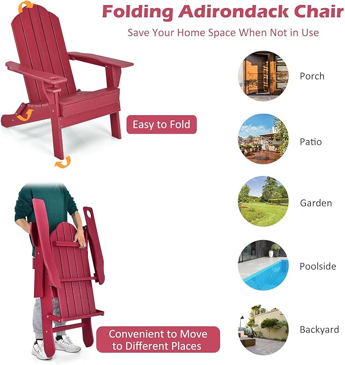 Tangkula Outdoor Folding Adirondack Chair, HDPE Armchairs with Cup Holder, Weather Resistant Lounger Chair for Patio Garden Fire Pit Backyard, Lawn Porch Seating, Adirondack Lounger (4, Red)