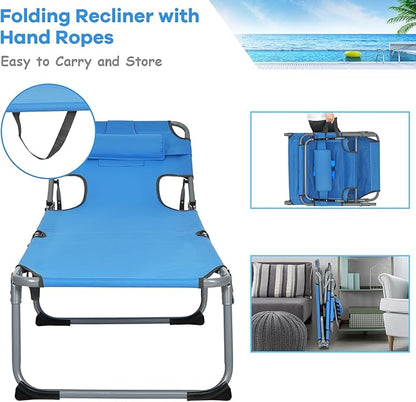 GYMAX Tanning Chair, Folding Beach Lounger with Face Arm Hole, Adjustable Backrest, Side Pocket, Pillow & Carry Handle, Outside Sunbathing Lounge Chair for Patio, Poolside, Lawn (2, Navy)
