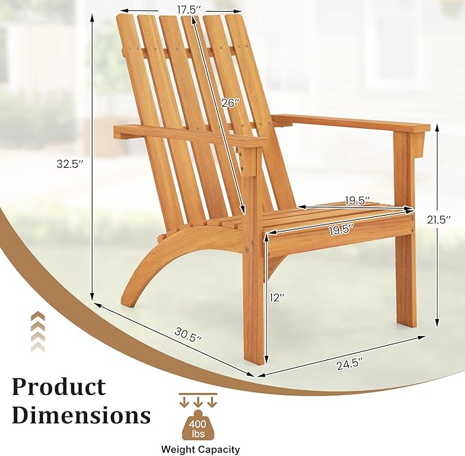Tangkula Outdoor Adirondack Chair, Solid Acacia Wood Fire Pit Chair with Inclined Backrest, Curved Seat & Wide Armrests - Photo 3