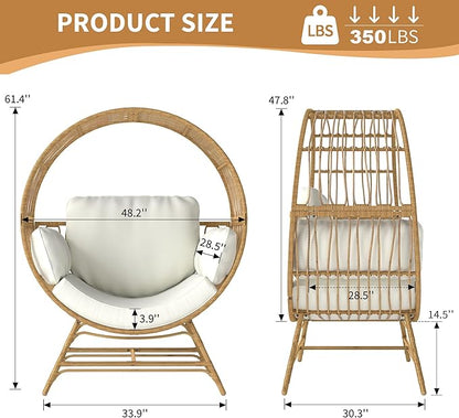 Fancyango Egg Chair Outdoor Indoor, Oversized Rattan Chair with Thicken Cushion, 350LBS Capacity Wicker Patio Lounge Chair, Basket Chair for Living Room Balcony Porch Backyard, Beige