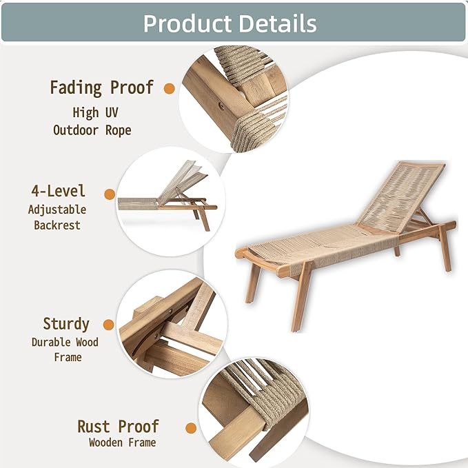 Christopher Knight Home Set of 2 Outdoor Patio Wood Adjustable Chaise Lounges with Rope Seating - Photo 3