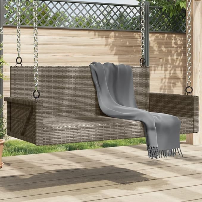 Grey Poly Rattan Swing Bench 46.9 x 22.0 in Durable Outdoor Furniture with UV-Resistant Materials and Powder-Coated Steel Frame for Patio Garden Relaxation