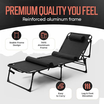 Outdoor Lounge Chair | Extra Large Portable cot incl Leg Raising adjustability | Easy Setup & Takedown | Supports Adults up to 300 lb | Ideal for Camping Patio, Balcony, Beach & More