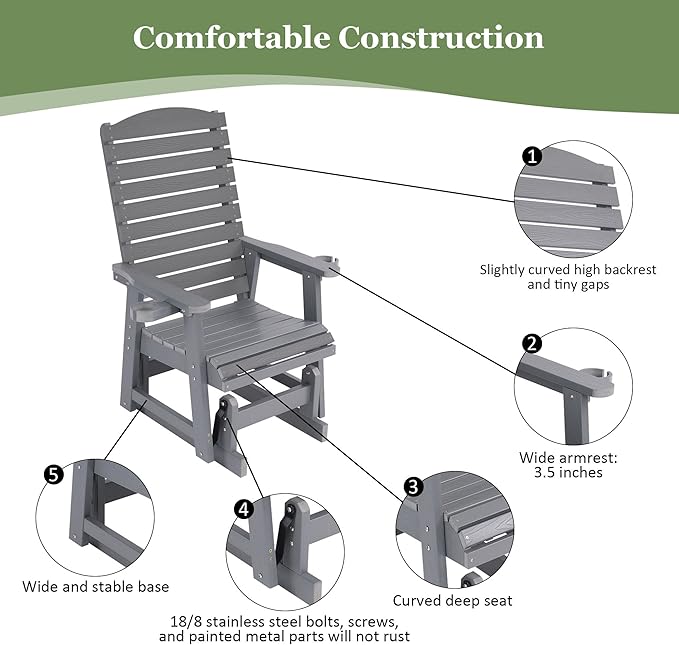 Poly Lumber Patio Glider for One Person, with Cup Holders, High Backrest and Deep Contoured Seat, HIPS Material - Photo 6