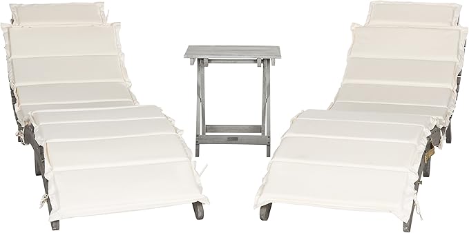 SAFAVIEH Outdoor Collection Pacifica Grey Solid Wood/Beige Cushion 3-Piece Chaise Lounge Set with Table (PAT7020E)