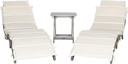 SAFAVIEH Outdoor Collection Pacifica Grey Solid Wood/Beige Cushion 3-Piece Chaise Lounge Set with Table (PAT7020E)