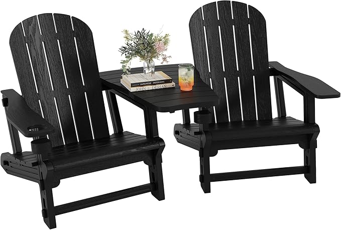 Shintenchi Adirondack Chairs Set of 2,HDPE Adirondack Chairs w/Removable Tablelop & Umbrella Hole,All-Weather Wooden Textured Plastic Outdoor Chairs w/Cup Holders for Garden Backyard Pool,Black