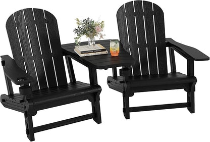 Shintenchi Adirondack Chairs Set of 2,HDPE Adirondack Chairs w/Removable Tablelop & Umbrella Hole,All-Weather Wooden Textured Plastic Outdoor Chairs w/Cup Holders for Garden Backyard Pool,Black