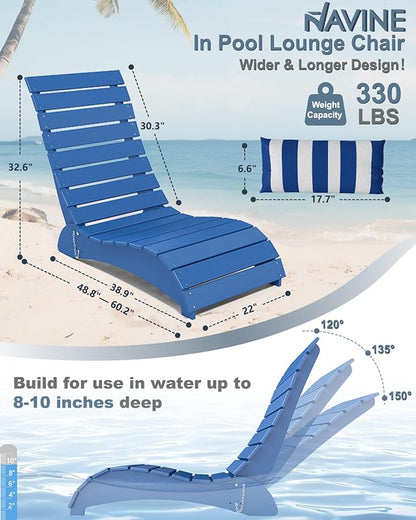 Pool Lounge Chairs Set of 2, HDPE Adjustable Chaise Chairs with Headrest, Weighted Fade-Resistant Pool Chairs and Lounger for Baja Ledge，Poolside and Deck, Navy Blue