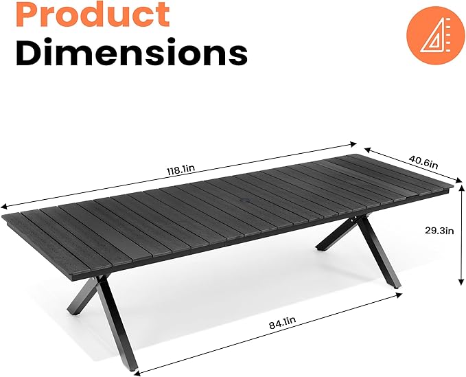 Pellebant 118" Outdoor Dining Table for 8-12, 10ft Aluminum Patio Table with Umbrella Hole - Photo 2