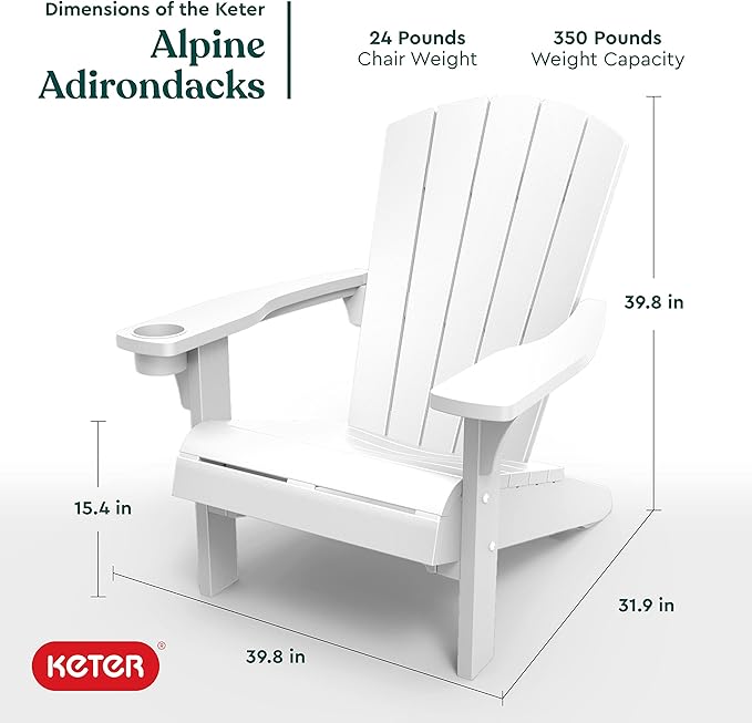 Keter Alpine Adirondack Resin Outdoor Furniture Patio Chairs with Cup Holder-Perfect for Beach, Pool, and Fire Pit Seating, White