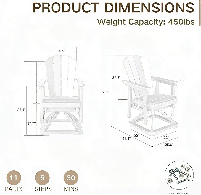 Kingdura Adirondack Swivel Glider Chair, HDPE Patio Glider Rocking Chair for Outdoor, All-Weather Glider Chair for Porch Balcony Lawn Poolside, 450LBS Capacity (White)