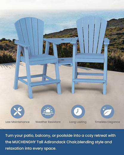 Ciokea Tall Adirondack Chairs Set of 2, HDPE Outdoor Adirondack Bar Stools with Double Connecting Tray, Weather Resistant High Back Adirondack Balcony Chairs for Deck, Lawn, Pool, Backyard, Baby Blue