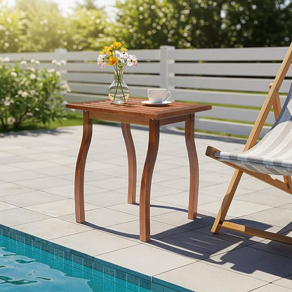 Outvita Outdoor Side Table, Acacia Wooden End Table Small Coffee Table for Patio Balcony Garden Living Room Bedroom Sturdy (Striped Tabletop- Curved Legs)