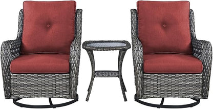 Rilyson Patio Chairs Rocking Swivel Chiar - 3 Piece Outdoor Wicker Patio Bistro Set Rattan Rocker Glider Chairs with High Back and Deep Seating for Outside Porch Deck Garden(Mixed Grey/Red)