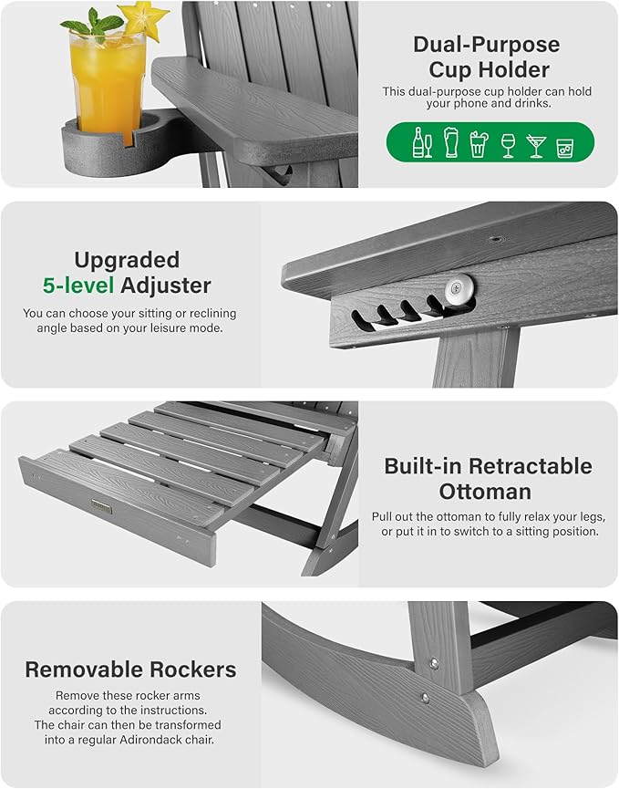 YEFU Adirondack Chairs with Retractable Ottoman: Oversize Adirondack Rocking Chairs - 5-Level Adjustable High Back - Outdoor Rocker with Cup Holder for Porch/Gardens/Lawn/Patio/Backyard/Grey