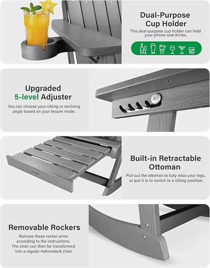 YEFU Adirondack Chairs with Retractable Ottoman: Oversize Adirondack Rocking Chairs - 5-Level Adjustable High Back - Outdoor Rocker with Cup Holder for Porch/Gardens/Lawn/Patio/Backyard/Grey