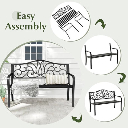 Giantex 50 Inches Outdoor Bench with Floral Pattern, Ergonomic Backrest & Slatted Surface, Metal Frame, 660lbs Capacity, 2-3 People Loveseat, Patio Bench for Park, Garden, Yard, Porch, Outside, Black
