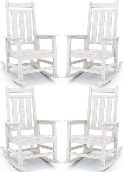 KINGYES Oversized Outdoor Rocking Chair Set of 4, All-Weather Patio Rocking Chairs for Porch, HDPE Outdoor Patio Rockers with High Back & Wide Seat for Garden, Lawn, White
