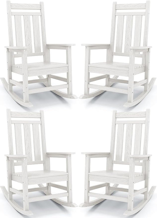KINGYES Oversized Outdoor Rocking Chair Set of 4, All-Weather Patio Rocking Chairs for Porch, HDPE Outdoor Patio Rockers with High Back & Wide Seat for Garden, Lawn, White
