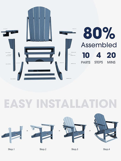 KINGYES Adirondack Rocking Chair Set of 2 with Retractable Ottoman and Cup Holders, HDPE Adirondack Rocker Patio Rocking Chair for Porch, Patio, Balcony, Deep Blue
