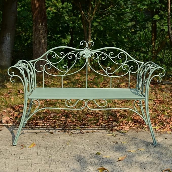 Retro Metal Garden Bench, 2-Seater Loveseat with Curved Backrest & Armrests, Outdoor Patio Furniture for Yard, Porch, Lawn, Backyard - Max Weight 250kg (Green)
