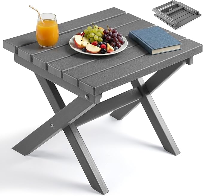 PASAMIC Folding Outdoor Side Table, Small Outdoor Table, Portable, No Assembly, Weather-Resistant HDPE End Table for Camping, RV, Poolside, Garden (Gray)