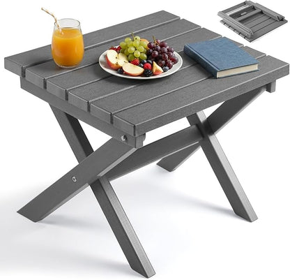 PASAMIC Folding Outdoor Side Table, Small Outdoor Table, Portable, No Assembly, Weather-Resistant HDPE End Table for Camping, RV, Poolside, Garden (Gray)