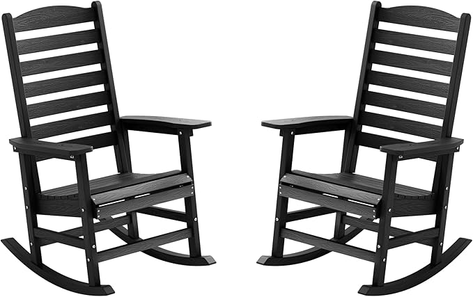 YEFU Outdoor Rocking Chair Set of 2,Poly Porch Rocker with Curved Backrest,All Weather Patio Rocking Chair,Like Real Wood,for Indoor,Lawn, Backyard,Garden,Heavy Duty,Weight Capacity 380lbs(Black)