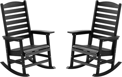 YEFU Outdoor Rocking Chair Set of 2,Poly Porch Rocker with Curved Backrest,All Weather Patio Rocking Chair,Like Real Wood,for Indoor,Lawn, Backyard,Garden,Heavy Duty,Weight Capacity 380lbs(Black)