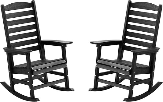YEFU Outdoor Rocking Chair Set of 2,Poly Porch Rocker with Curved Backrest,All Weather Patio Rocking Chair,Like Real Wood,for Indoor,Lawn, Backyard,Garden,Heavy Duty,Weight Capacity 380lbs(Black)
