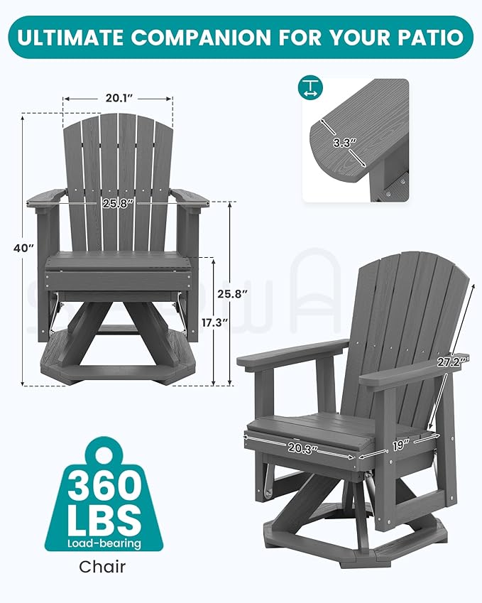 SERWALL Adirondack Swivel Glider Chair, HDPE Glider Rocking Chair for Outdoor, All-Weather Glider Chair for Porch - Photo 3