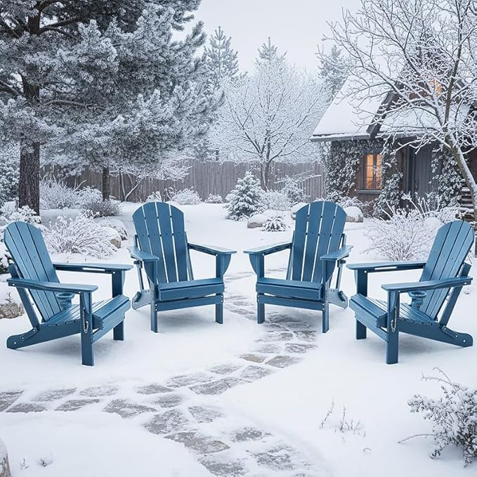 Folding Outdoor Adirondack Chairs Set of 4 with High&Reclining Back-HDPE Weather Resistant Patio Chairs with Cup and Phone Holder for Patio,Fire Pit, Garden and Backyard