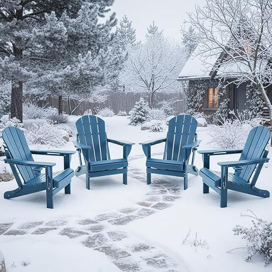 Folding Outdoor Adirondack Chairs Set of 4 with High&Reclining Back-HDPE Weather Resistant Patio Chairs with Cup and Phone Holder for Patio,Fire Pit, Garden and Backyard