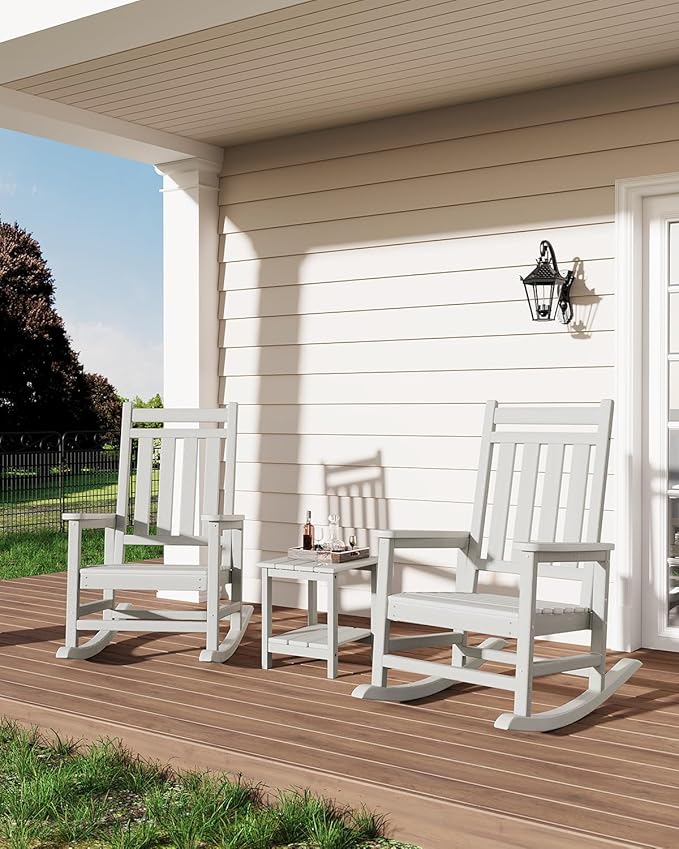 GarveeHome Adirondack Outdoor Rocking Chair, All Weather HDPE Plastic Patio Rocker Chair with Wide Armrests, Classic Fire Pit Chair for Porch, Deck, Lawn, Garde, 380LBs, Easy to Install, White