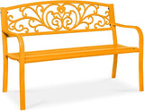 Best Choice Products Outdoor Bench Steel Garden Patio Porch Furniture for Lawn, Park, Deck w/Floral Design Backrest - Photo 1