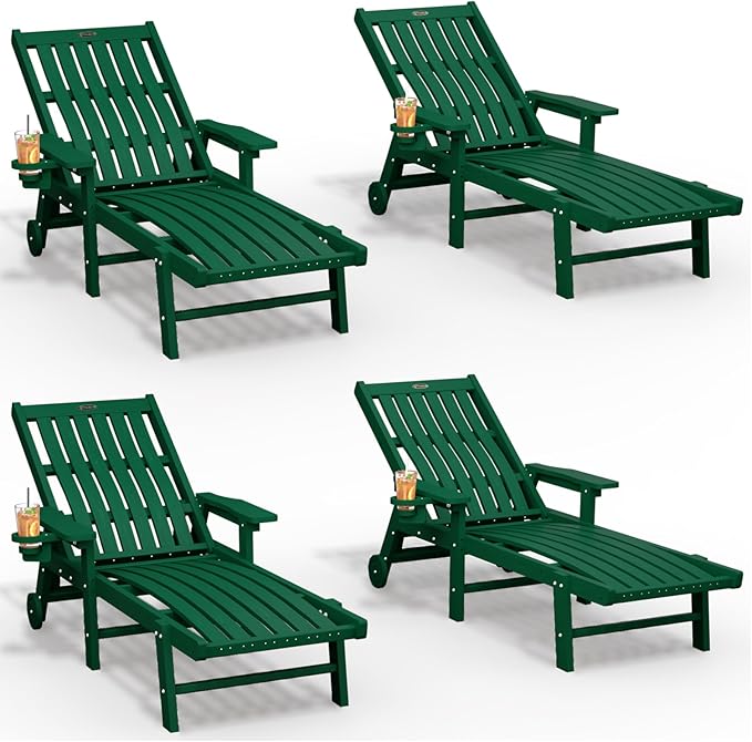 THOEOE Patio Chaise Lounge Chair Set of 4, Oversized Lounge Chair Outdoor with 5 Positions, HDPE, Patio Lounge Chair with Wheels & Cup Holder for Pool, Deck, Poolside,Green