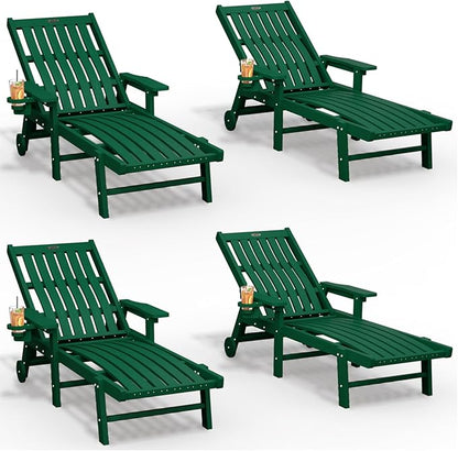 THOEOE Patio Chaise Lounge Chair Set of 4, Oversized Lounge Chair Outdoor with 5 Positions, HDPE, Patio Lounge Chair with Wheels & Cup Holder for Pool, Deck, Poolside,Green