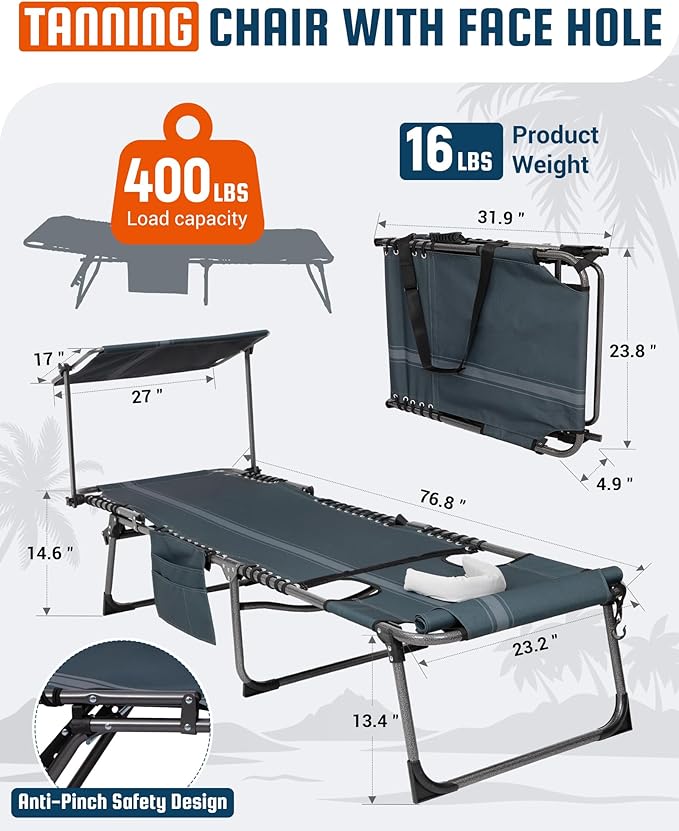 KingCamp Lounge Chair with face Hole & Canopy Shade, 400LBS Folding Portable Tanning Chair with face Hole - Photo 2