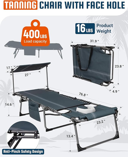 KingCamp Lounge Chair with face Hole & Canopy Shade, 400LBS Folding Portable Tanning Chair with face Hole, Adjustable 5-Position Foldable Beach Sun Tanning Chair for Outside Beach Patio Outdoor Pool