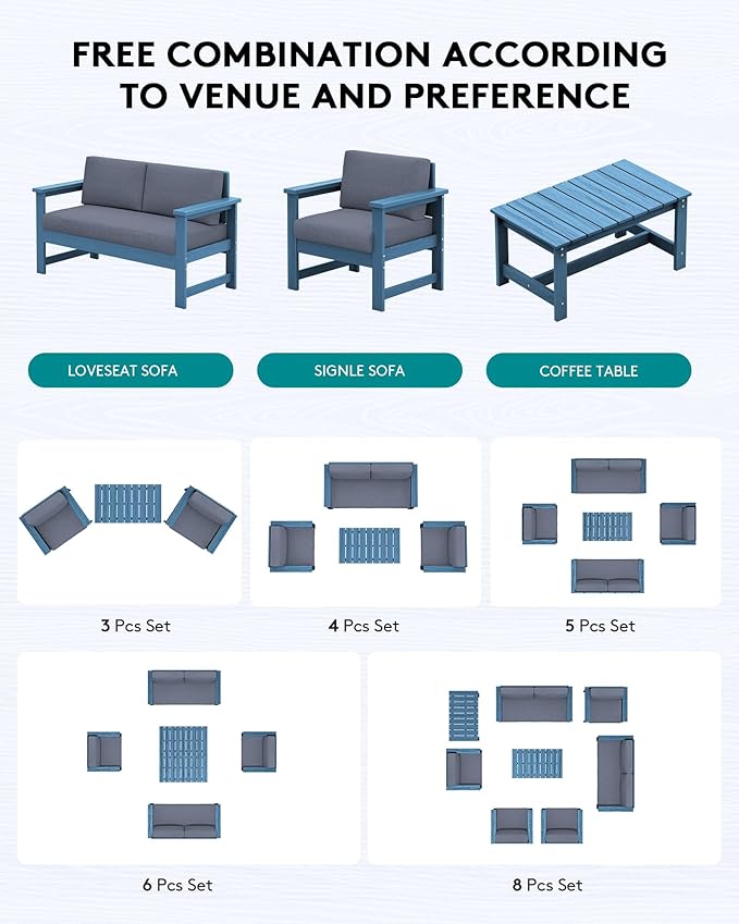 SERWALL 8 Pieces HDPE Outdoor Conversation Sofa Set with Cushion, All Weather Couch Loveseat Furniture Set with Pads - Photo 5