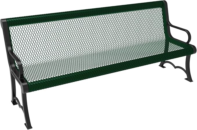 COATEDOUTDOORFURNITURE Coated Outdoor Furniture Heavy-Duty Outdoor Bench Thermoplastic Coated, Expanded Metal, Commercial-Grade Garden Bench, Made in America (Portable with Back, 6 Ft, Green)