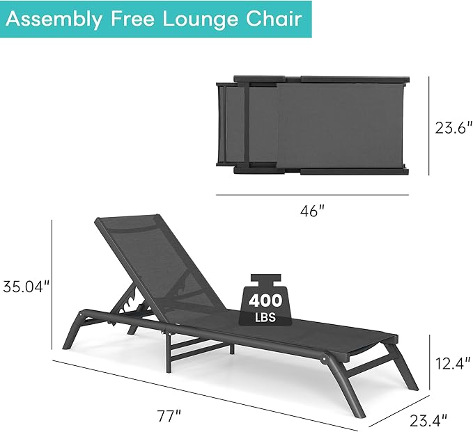 Outdoor Chaise Lounge Chairs Set of 2, No Assembly Required, 5-Position Adjustable Backrest, Foldable Lightweight Patio Lounge for Poolside, Deck, Lawn & Beach, Dark Grey