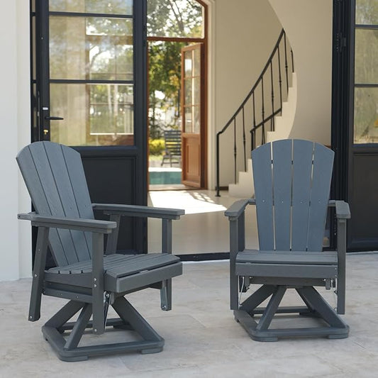 HDPE Swivel Glider Chair Outdoor, Weather Resistant Adirondack Outside Rocking Chair, Wooden Textured Outdoor Swivel Chair Set of 2 for Porch, Balcony, Poolside, Backyard (Grey)