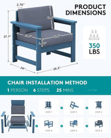 SERWALL 2 Pieces Single Cushioned Lounge Chair, Blue HDPE Outdoor Adirondack Sofa Armchair with Grey Cushion - Photo 2